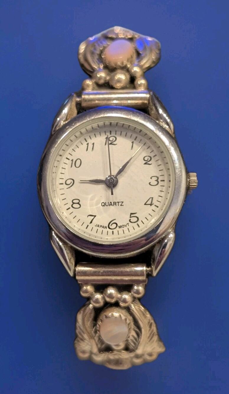 VTG RB Running Bear Mother Of Pearl Sterling Silver Watch Band And Watch